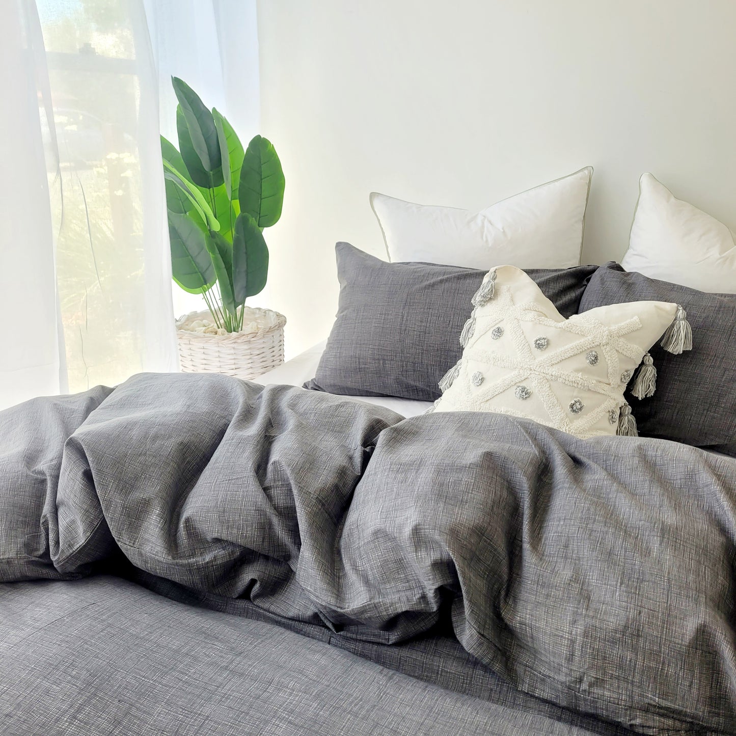 Grey Textured Print Quilt Cover Set - Pure Cotton with Ornate Patterns