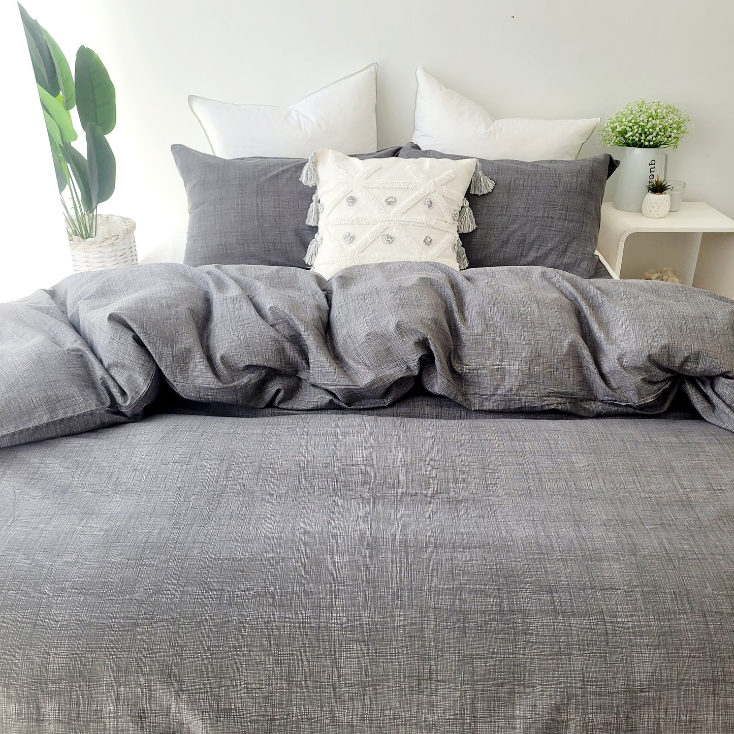 Grey Textured Print Quilt Cover Set - Pure Cotton with Ornate Patterns