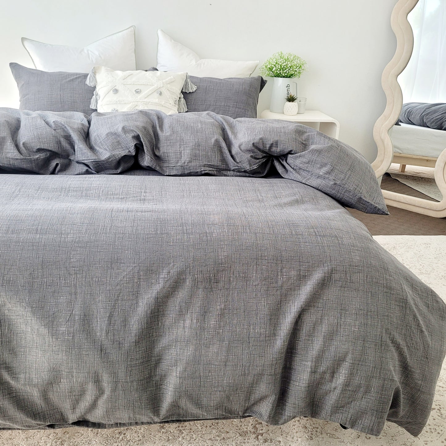 Grey Textured Print Quilt Cover Set - Pure Cotton with Ornate Patterns