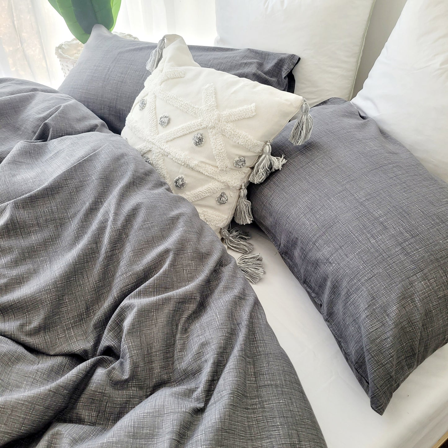 Grey Textured Print Quilt Cover Set - Pure Cotton with Ornate Patterns