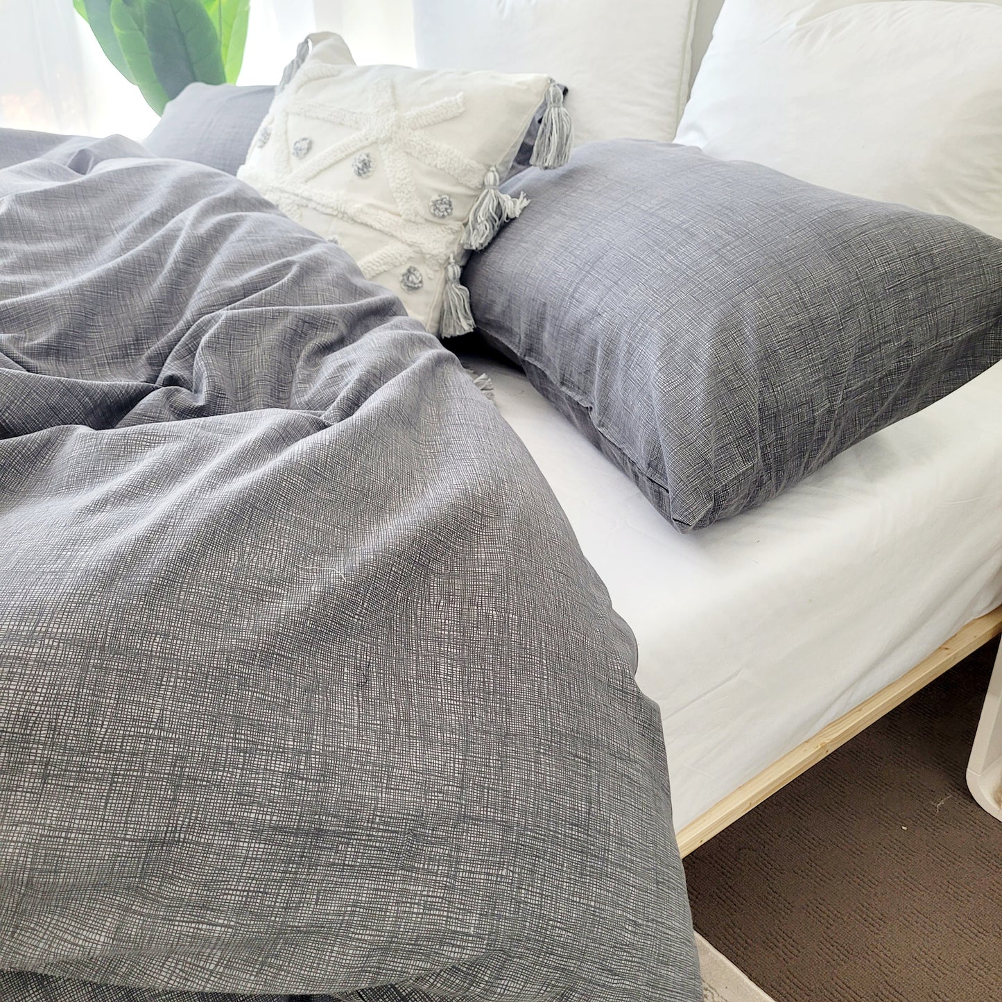 Grey Textured Print Quilt Cover Set - Pure Cotton with Ornate Patterns