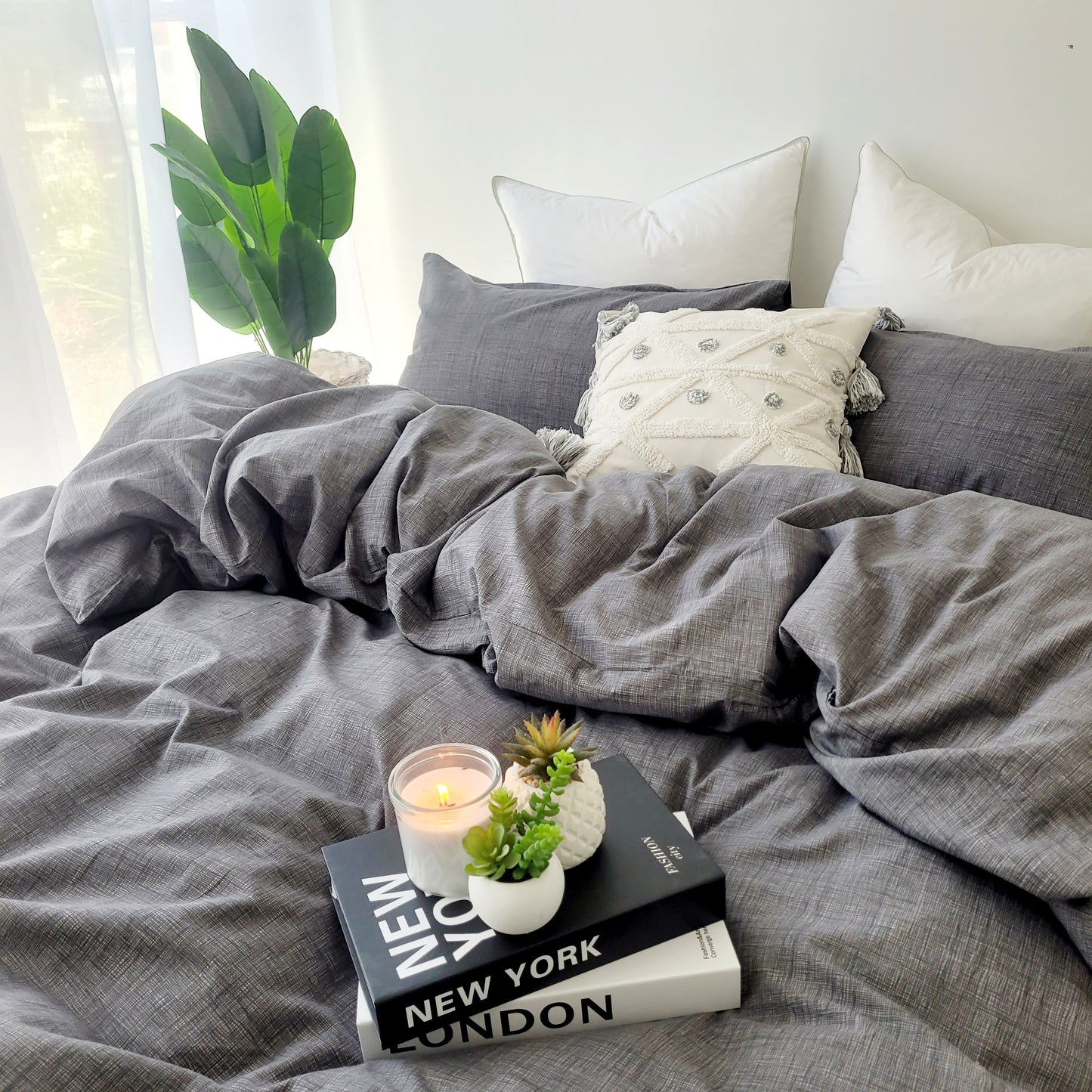 Grey Textured Print Quilt Cover Set - Pure Cotton with Ornate Patterns