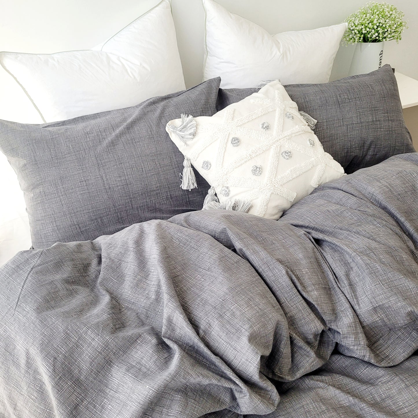 Grey Textured Print Quilt Cover Set - Pure Cotton with Ornate Patterns