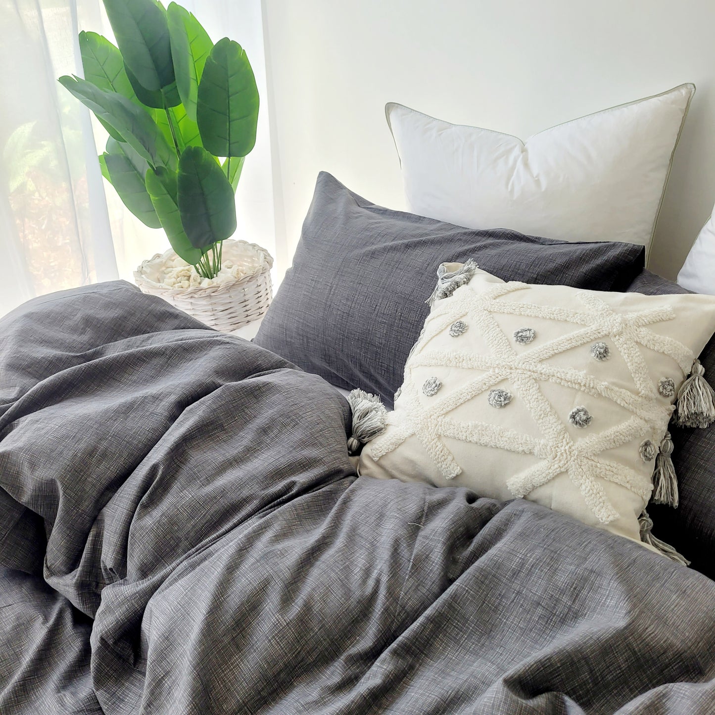 Grey Textured Print Quilt Cover Set - Pure Cotton with Ornate Patterns