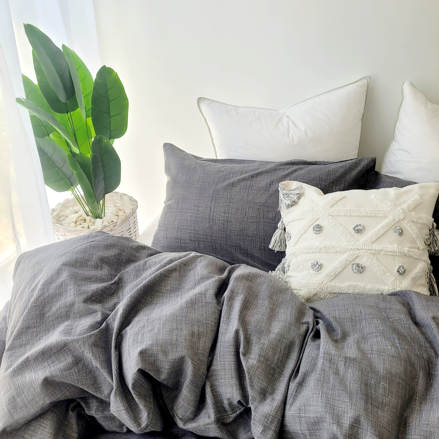 Grey Textured Print Quilt Cover Set - Pure Cotton with Ornate Patterns