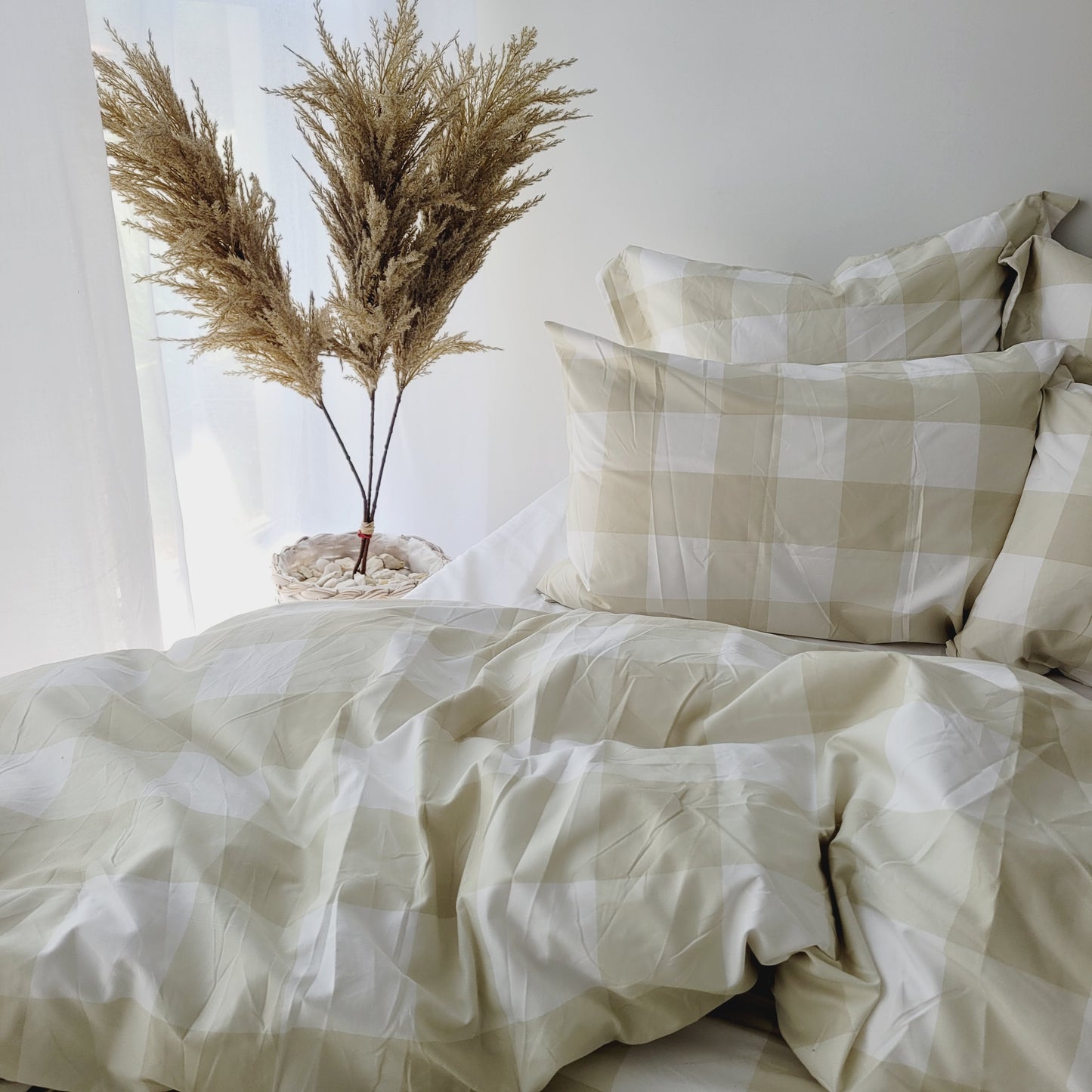 BEIGE GRID European Pillowcase Pair