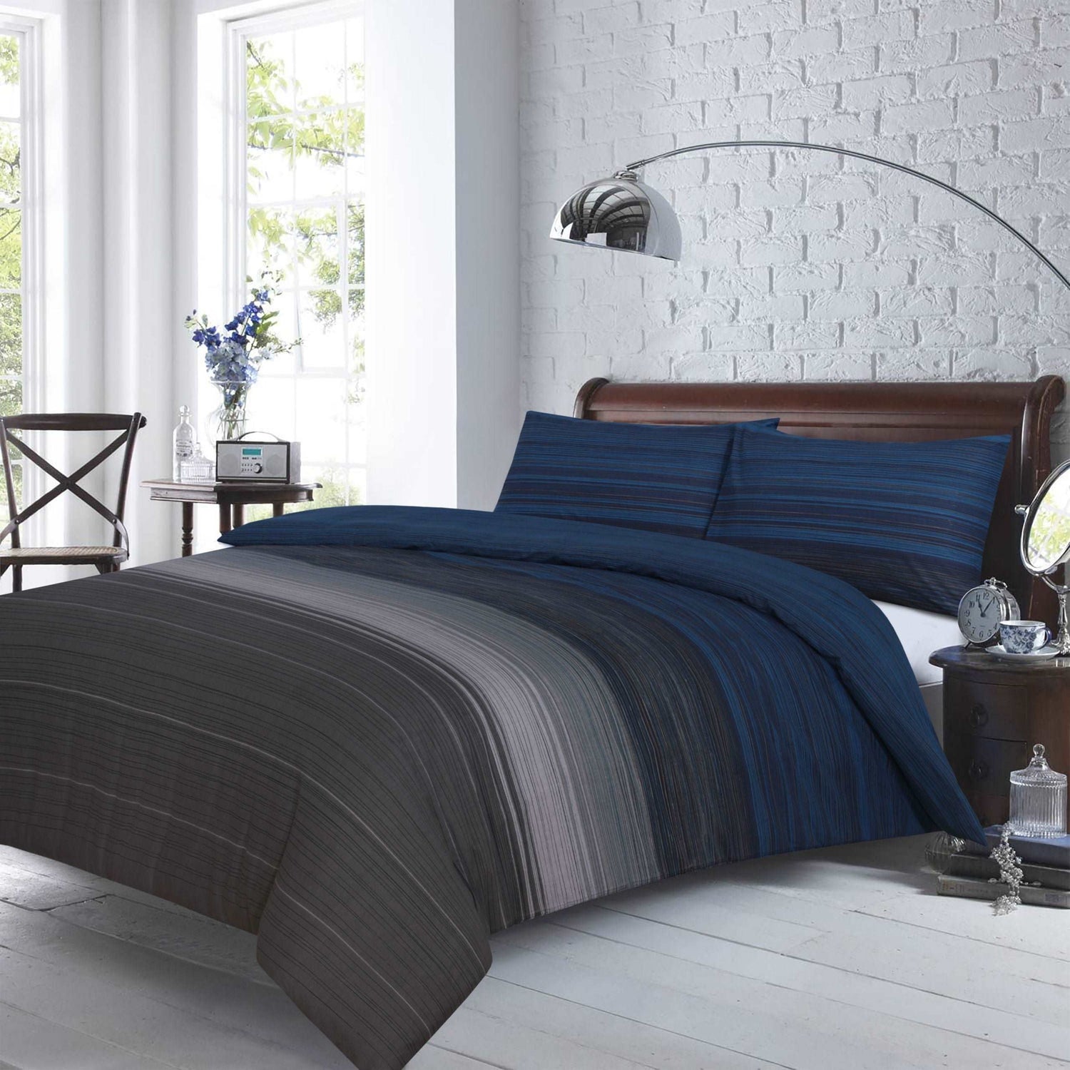 100% Cotton Quilt Cover | Grey Black Blue Stripes