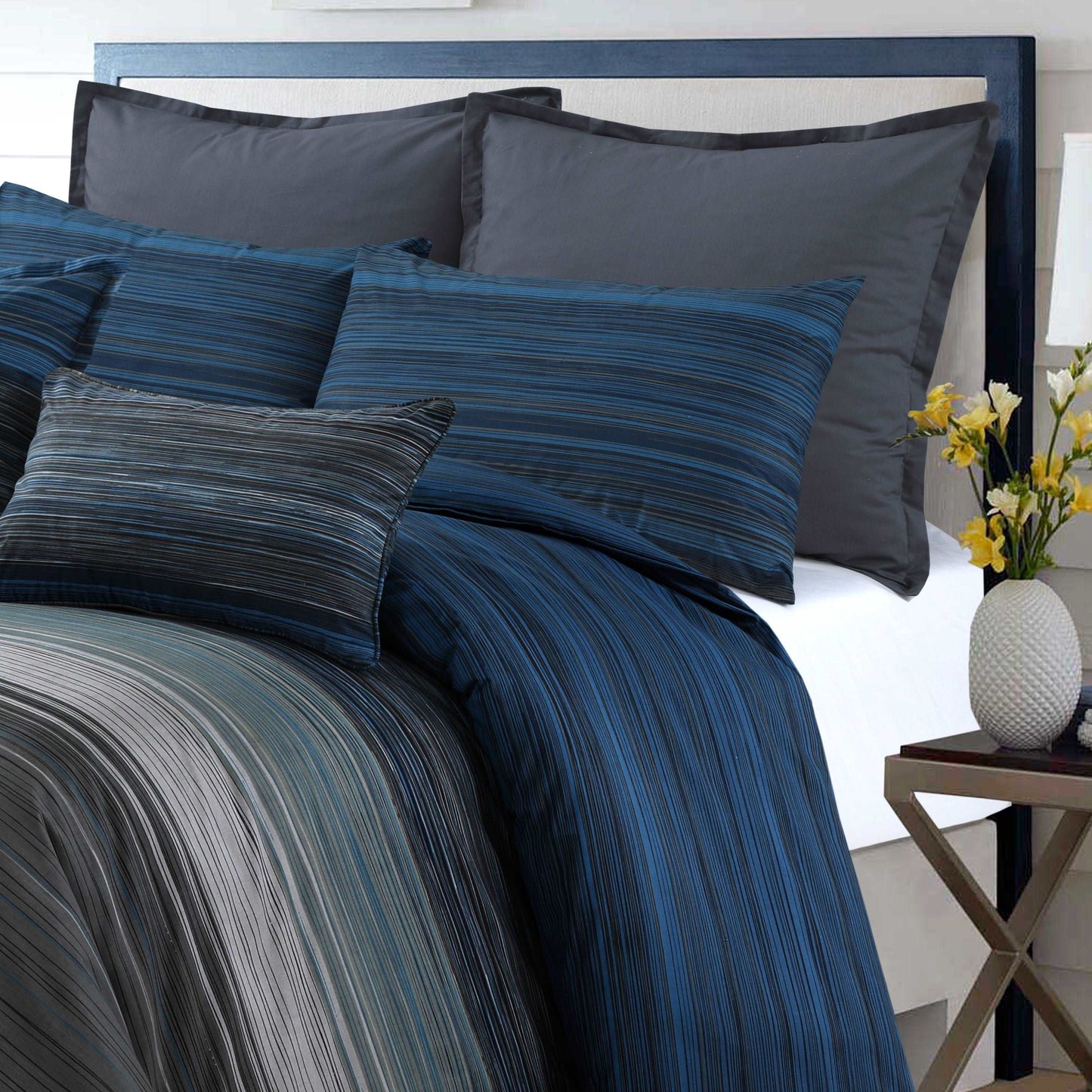 Grey Black Stripes Pure Cotton Quilt Cover Set With Extra Standard Pillowcases