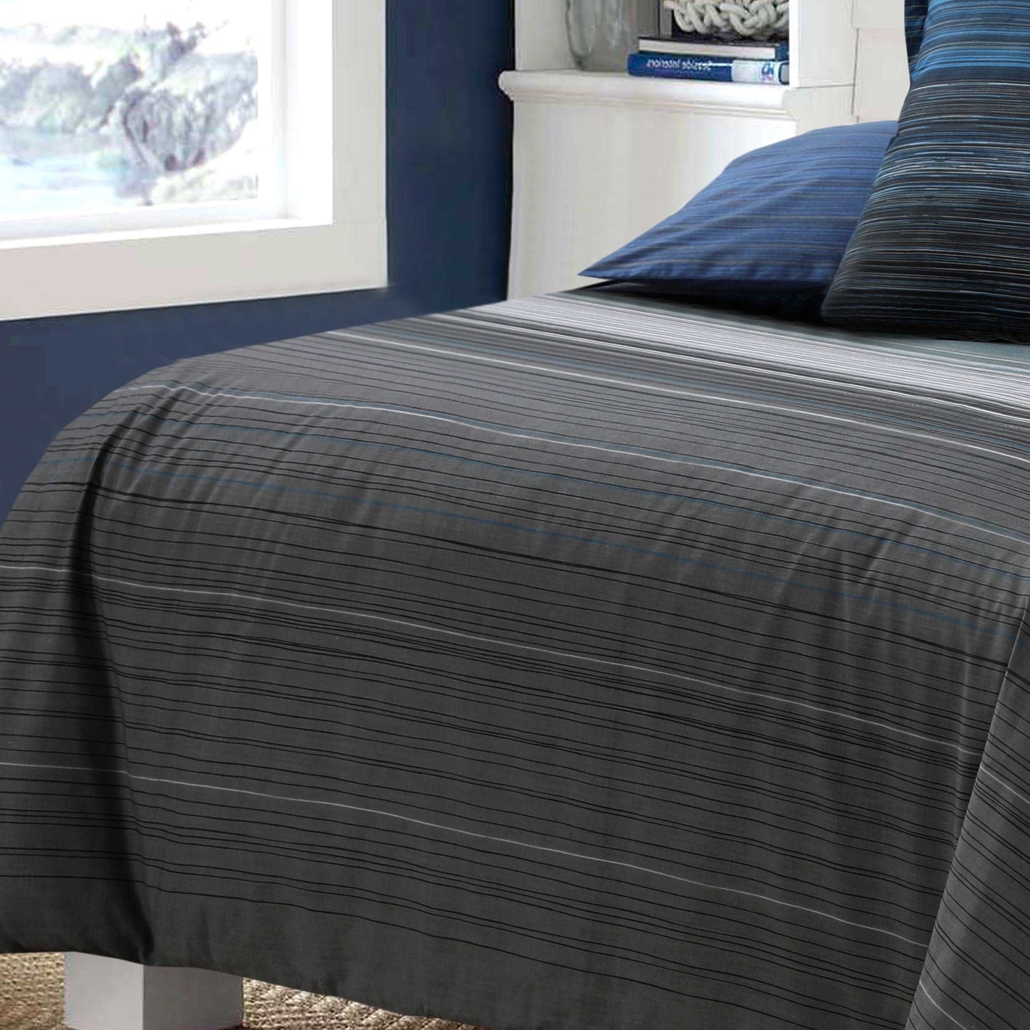 Grey Black Stripes Pure Cotton Quilt Cover Set With Extra Standard Pillowcases