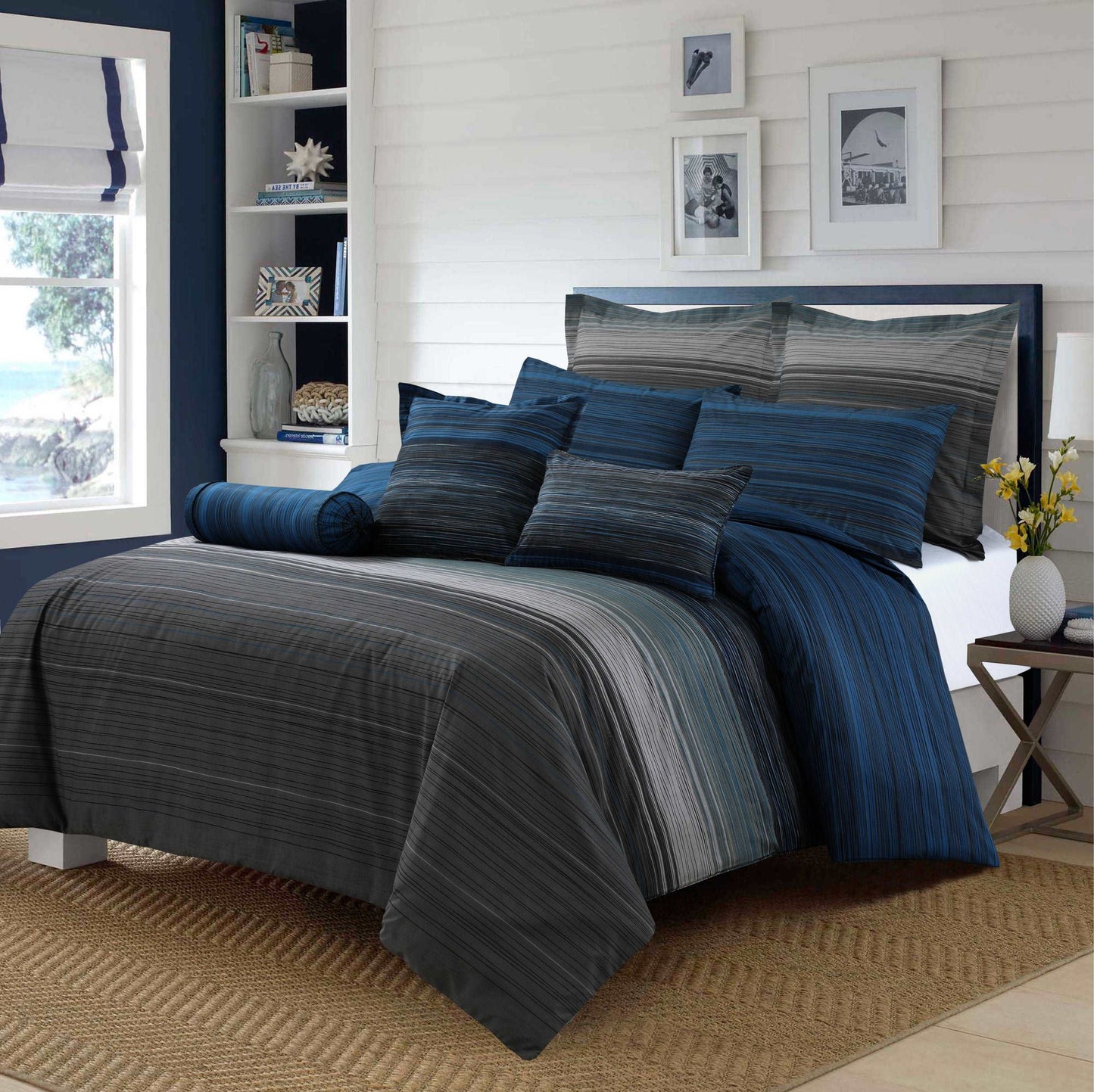 100% Cotton Quilt Cover with Extra Standard Pillow Covers | Grey Black Stripes