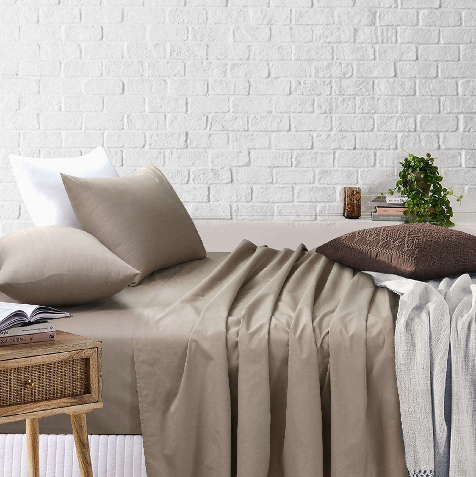 Beige Bedsheets Set- Flat And Fitted Sheets With Pillowcases