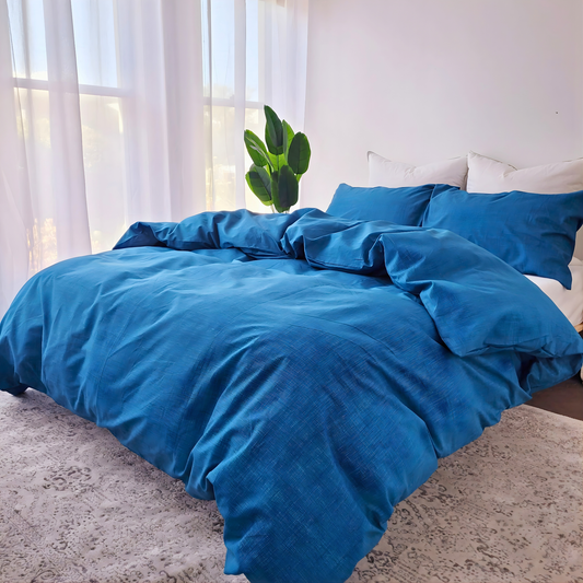 Blue Textured Print Quilt Cover Set | Pure Cotton with Ornate Patterns