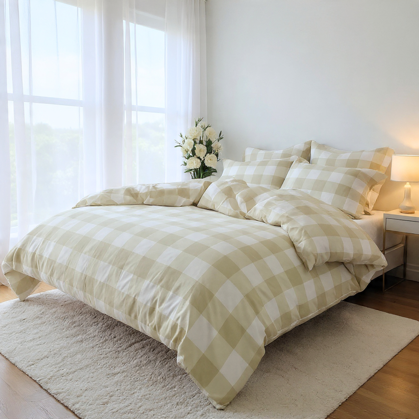 Beige Grid Quilt Cover Set-Ultra-Smooth Feel & Breathable Comfort