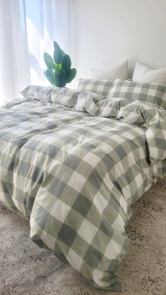 Sage Grid-Quilt Cover Set