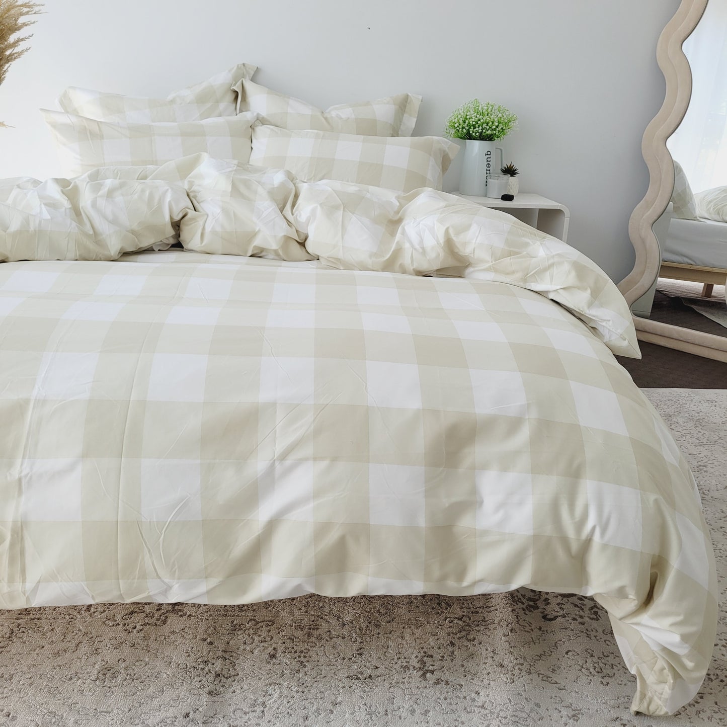 Beige Grid-Quilt Cover Set