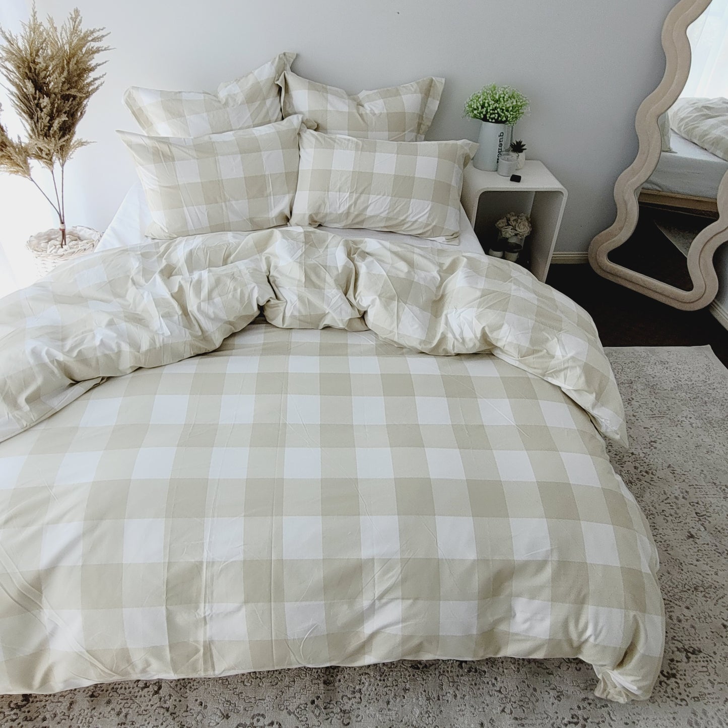 Beige Grid-Quilt Cover Set