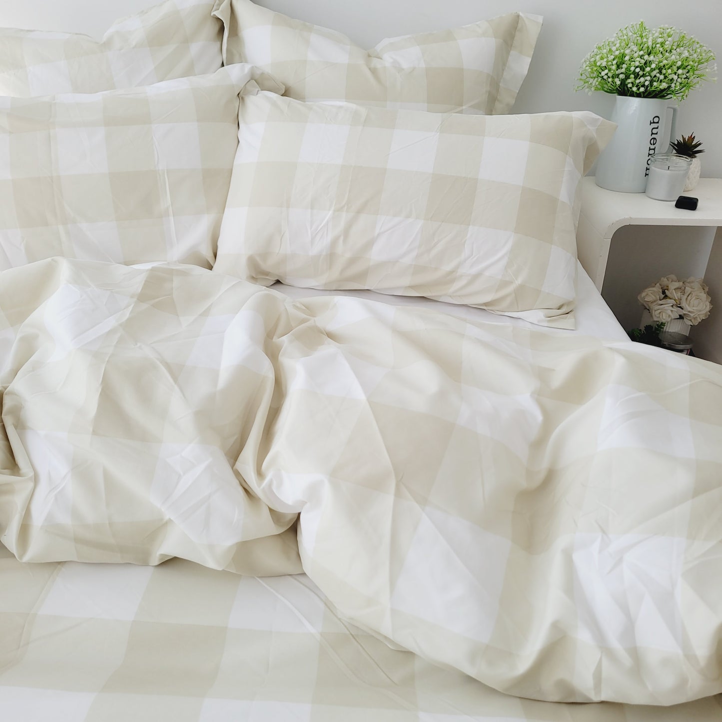 Beige Grid-Quilt Cover Set