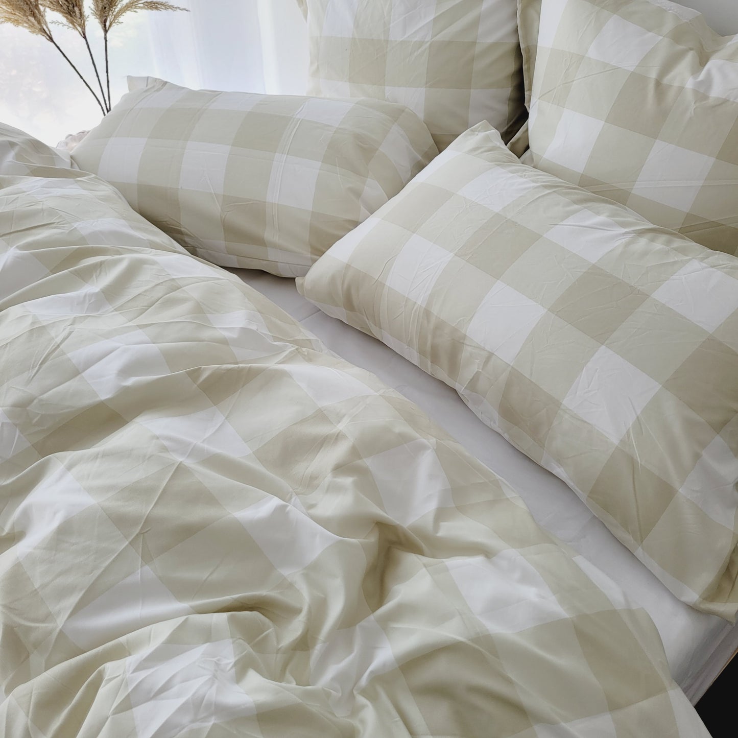 Beige Grid-Quilt Cover Set