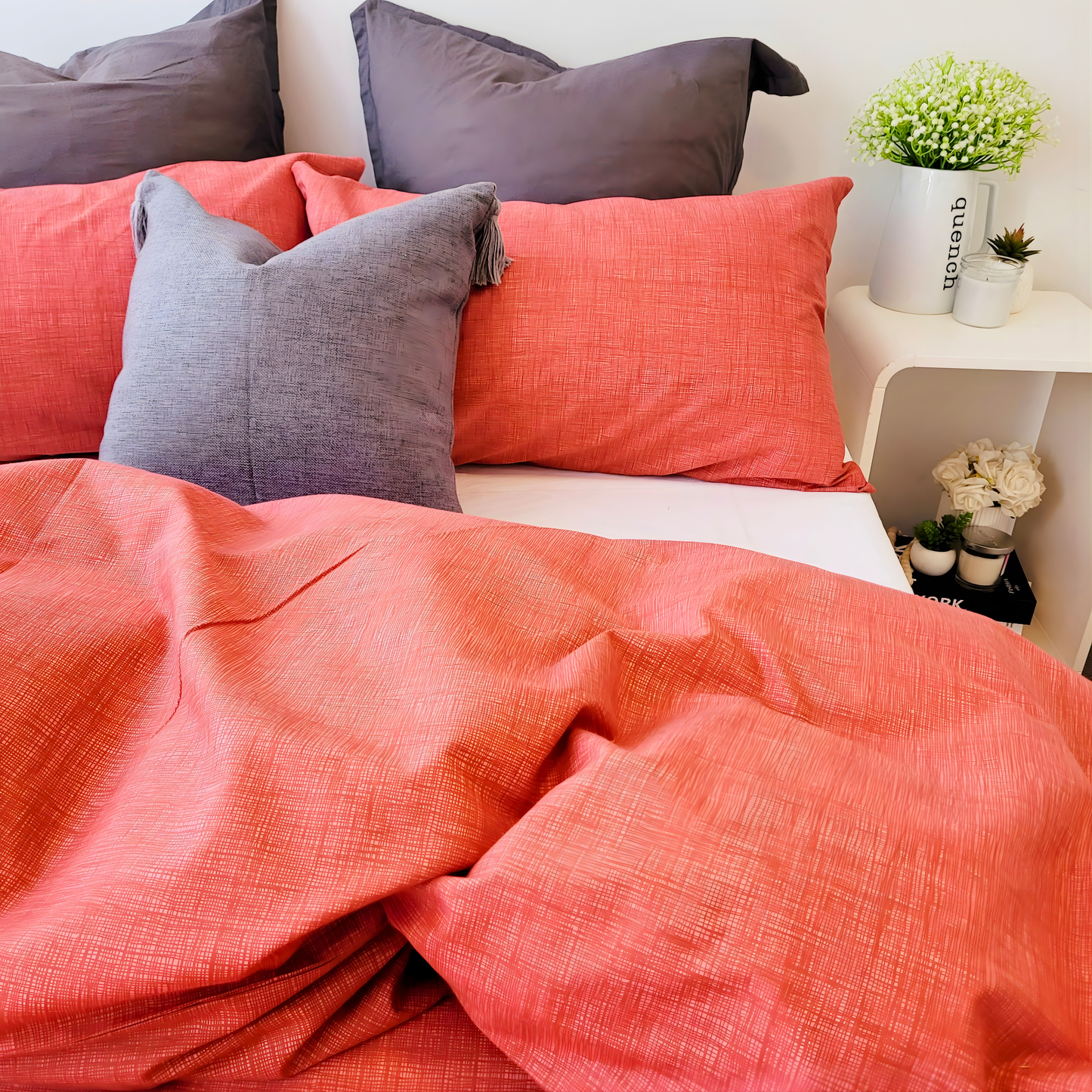 Coral Textured Print Quilt Cover Set - Pure Cotton with Ornate Patterns