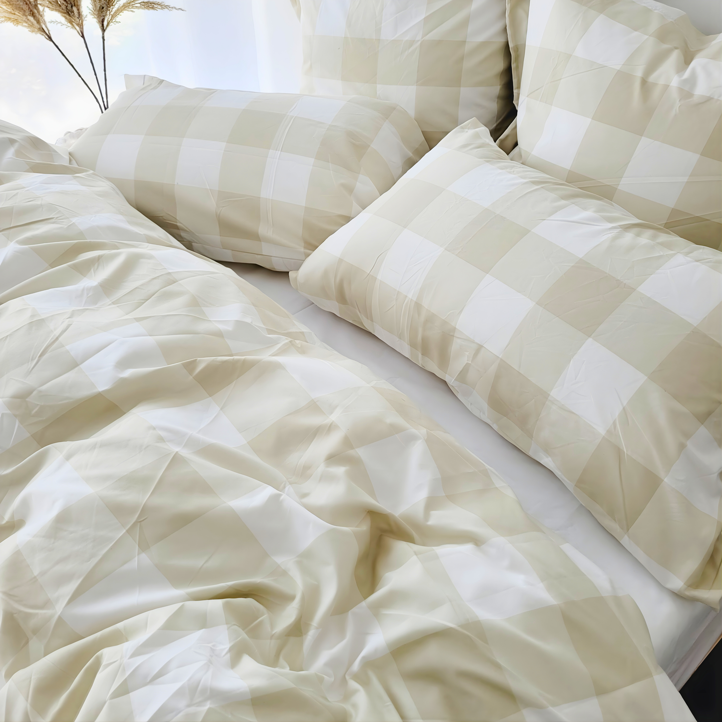 Beige Grid Quilt Cover Set-Ultra-Smooth Feel & Breathable Comfort