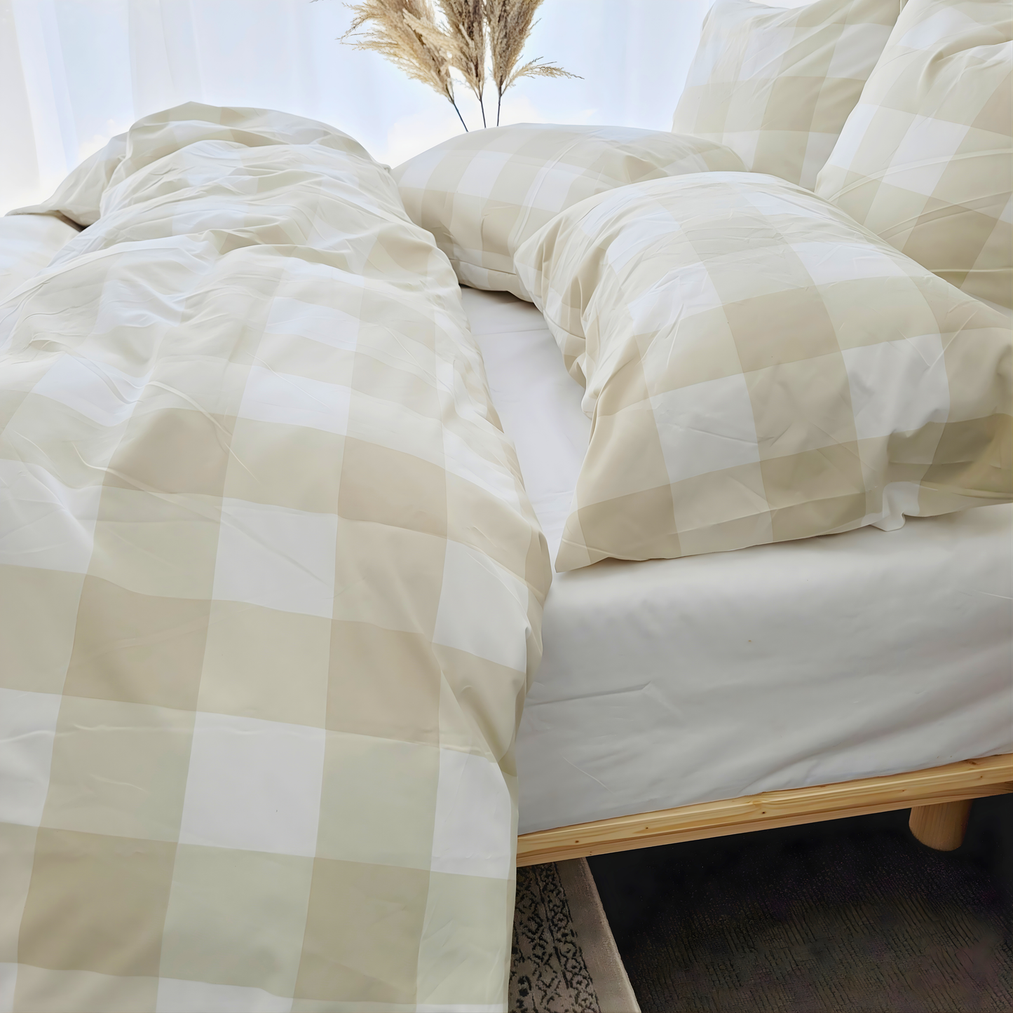 Beige Grid Quilt Cover Set-Ultra-Smooth Feel & Breathable Comfort