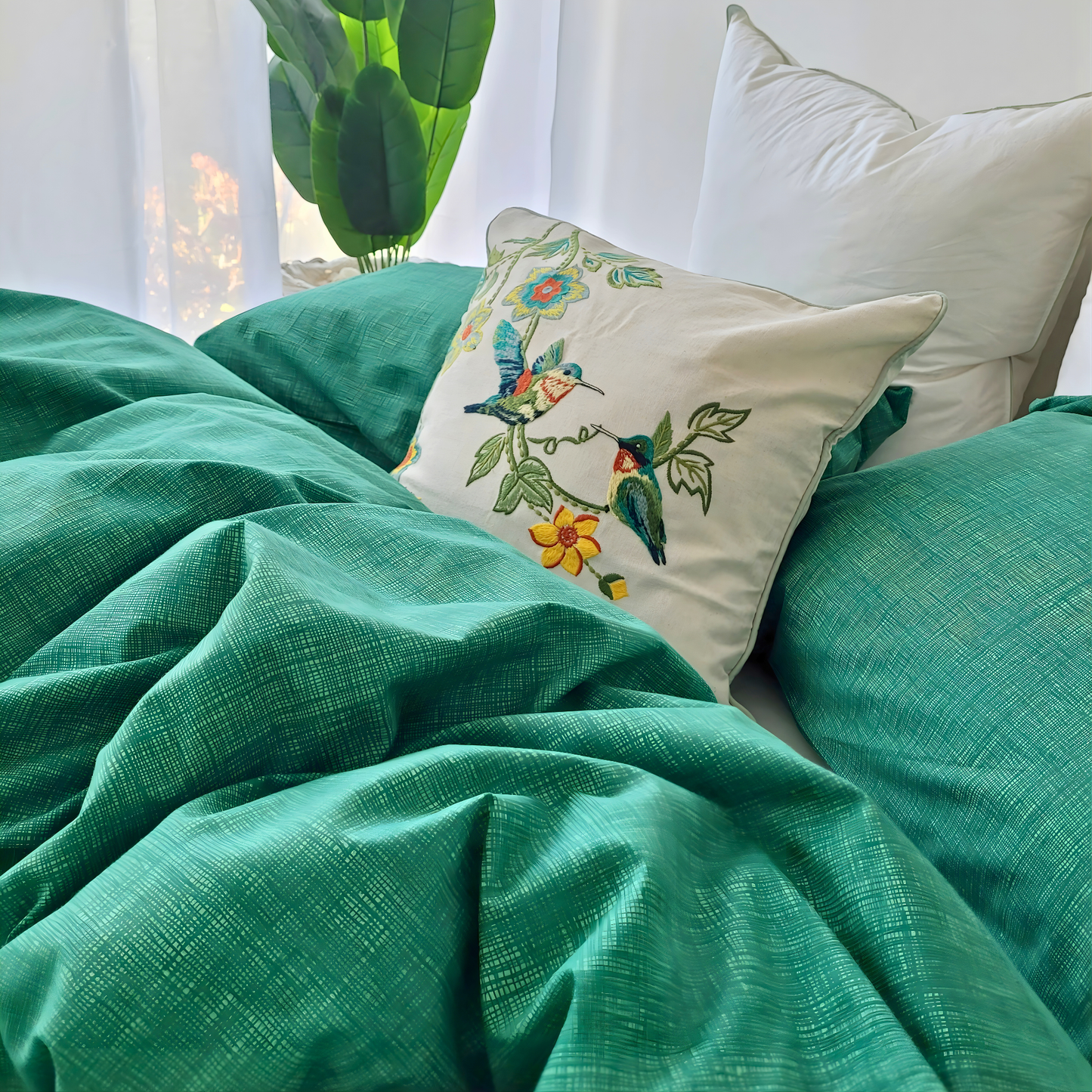 Green Textured Print Quilt Cover Set -Pure Cotton with Ornate Patterns