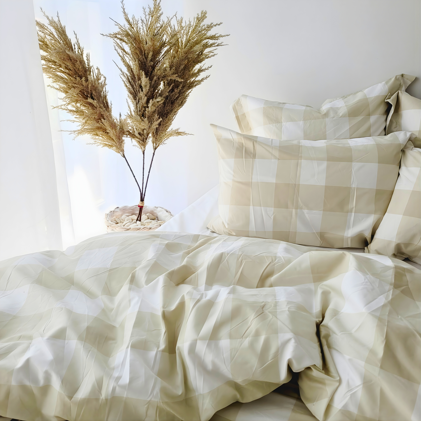 Beige Grid Quilt Cover Set-Ultra-Smooth Feel & Breathable Comfort