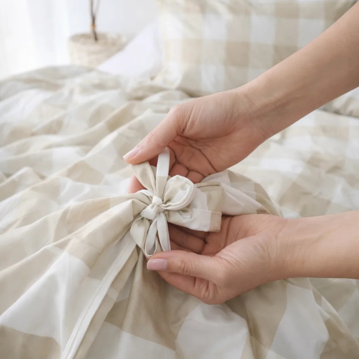 Beige Grid Quilt Cover Set-Ultra-Smooth Feel & Breathable Comfort