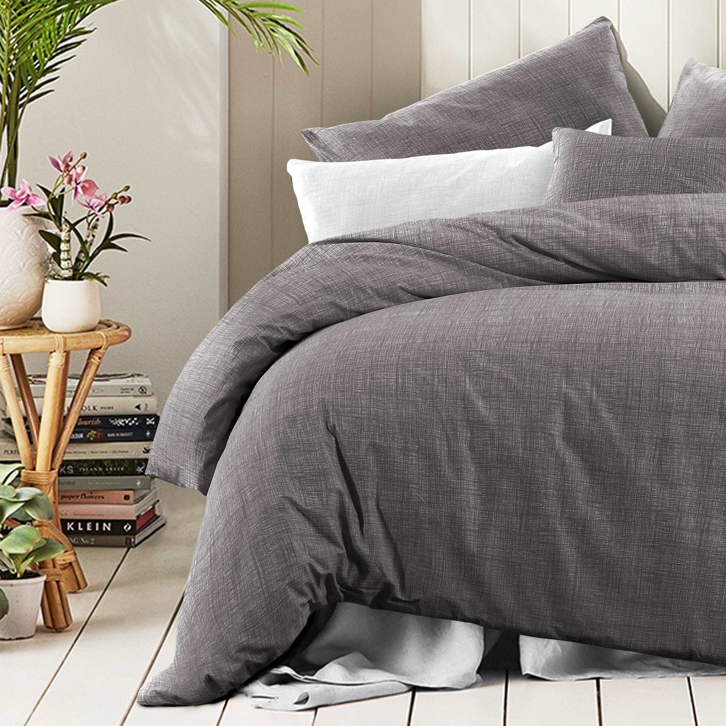 100 % Cotton Doona Cover Textured Print with Extra Standard Pillowcases | Fossil