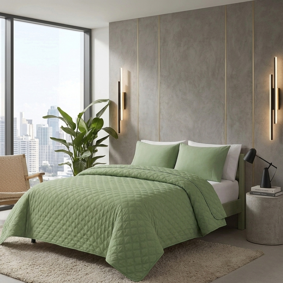 Light Sage Ultrasonic Coverlet – Ultra-Soft & Lightweight Bedding