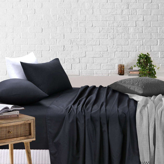 Black Bedsheets Set- Flat And Fitted Sheets With Pillowcases