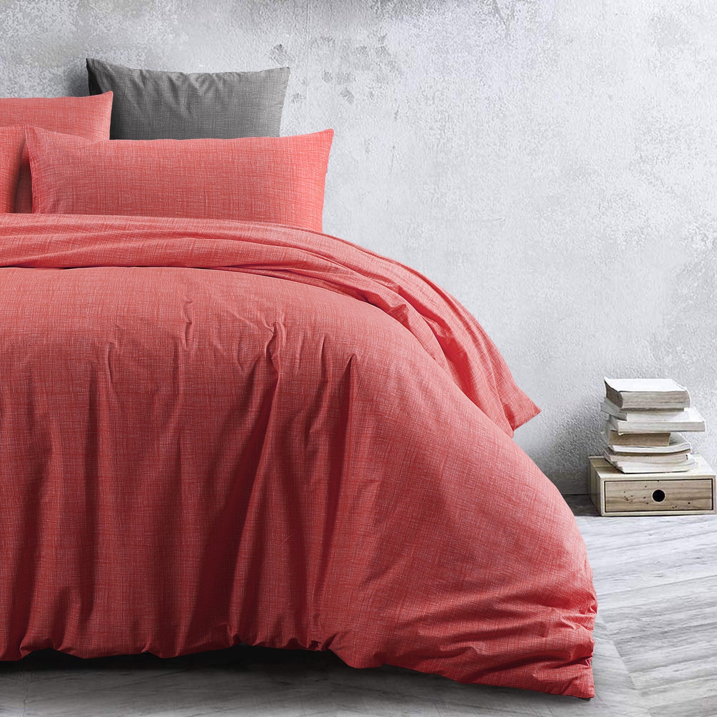 100 % Cotton Doona Cover Textured Print with Extra Standard Pillowcases | Living Coral